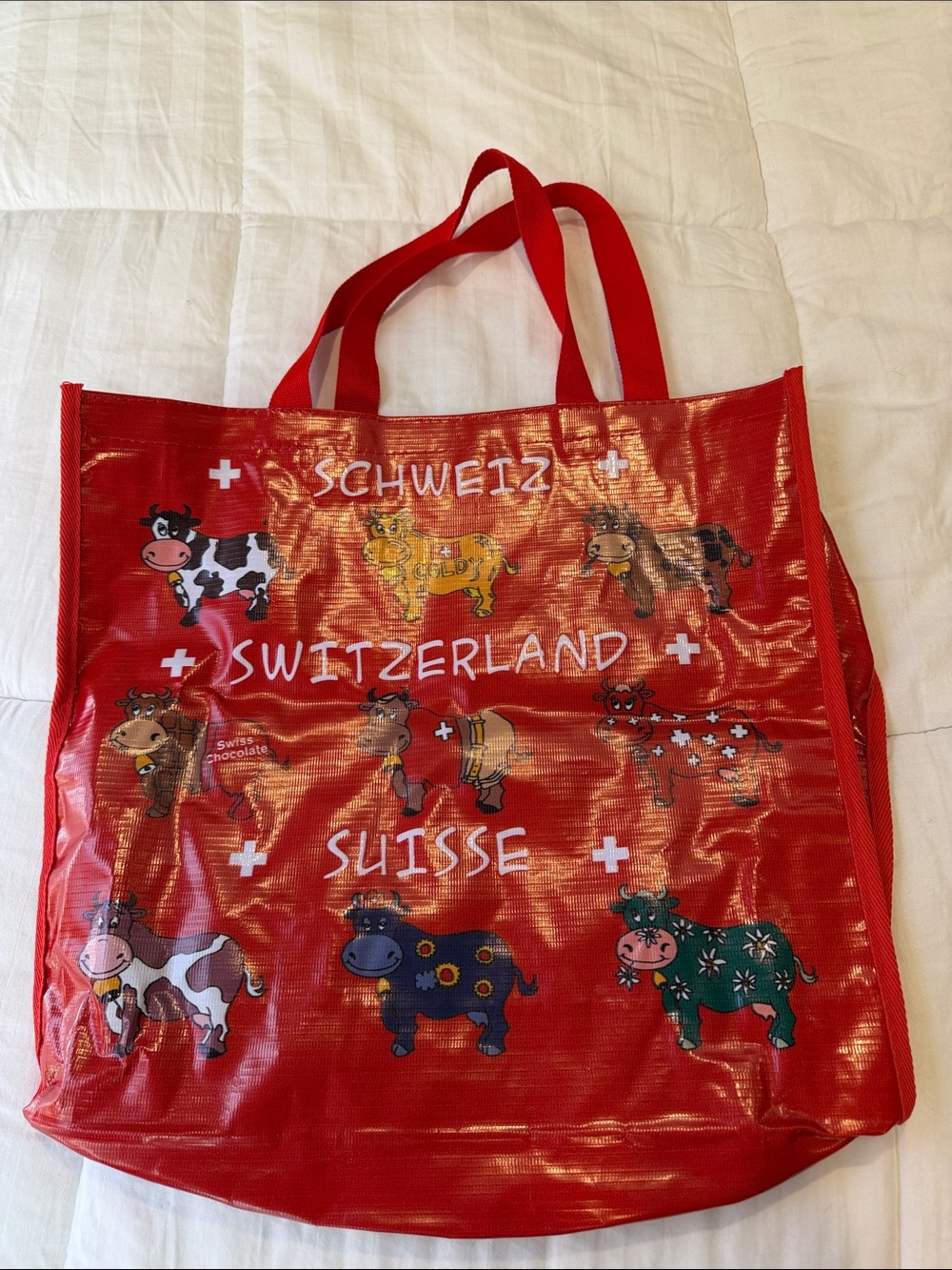 Switzerland Red Tote Bag with Cow Print